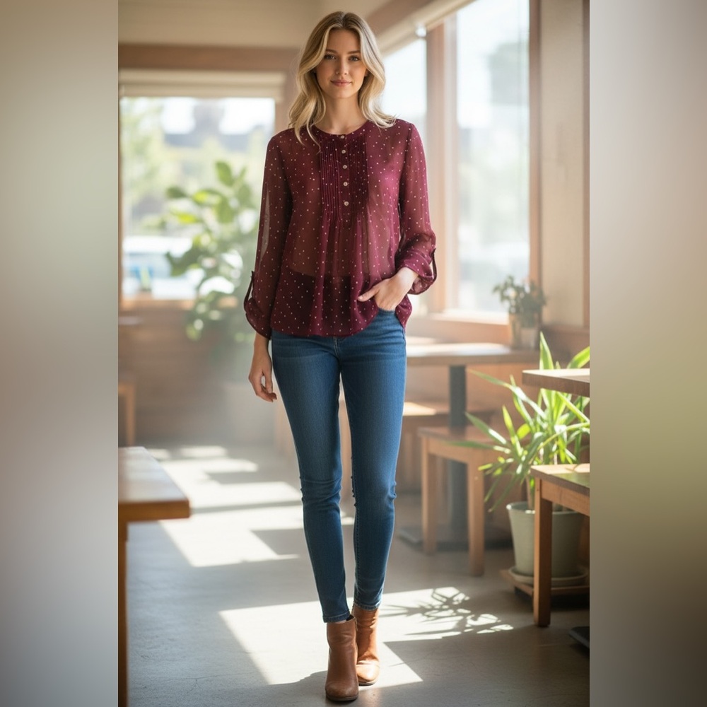 Daniel Rainn Burgundy Sheer Blouse with White Dots
